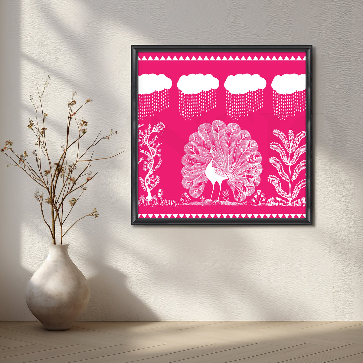 Pink Warli Peacock Rain Dance Canvas Artwork – Asha Art Studio – Image 3