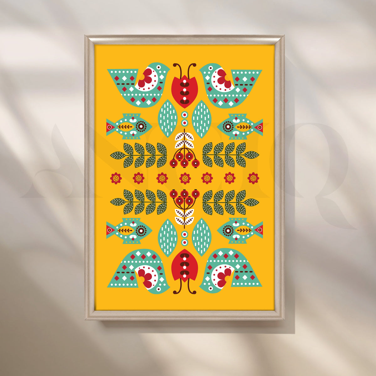 Folk Birds & Fishes Yellow Canvas Artwork – Asha Art Studio – Image 4