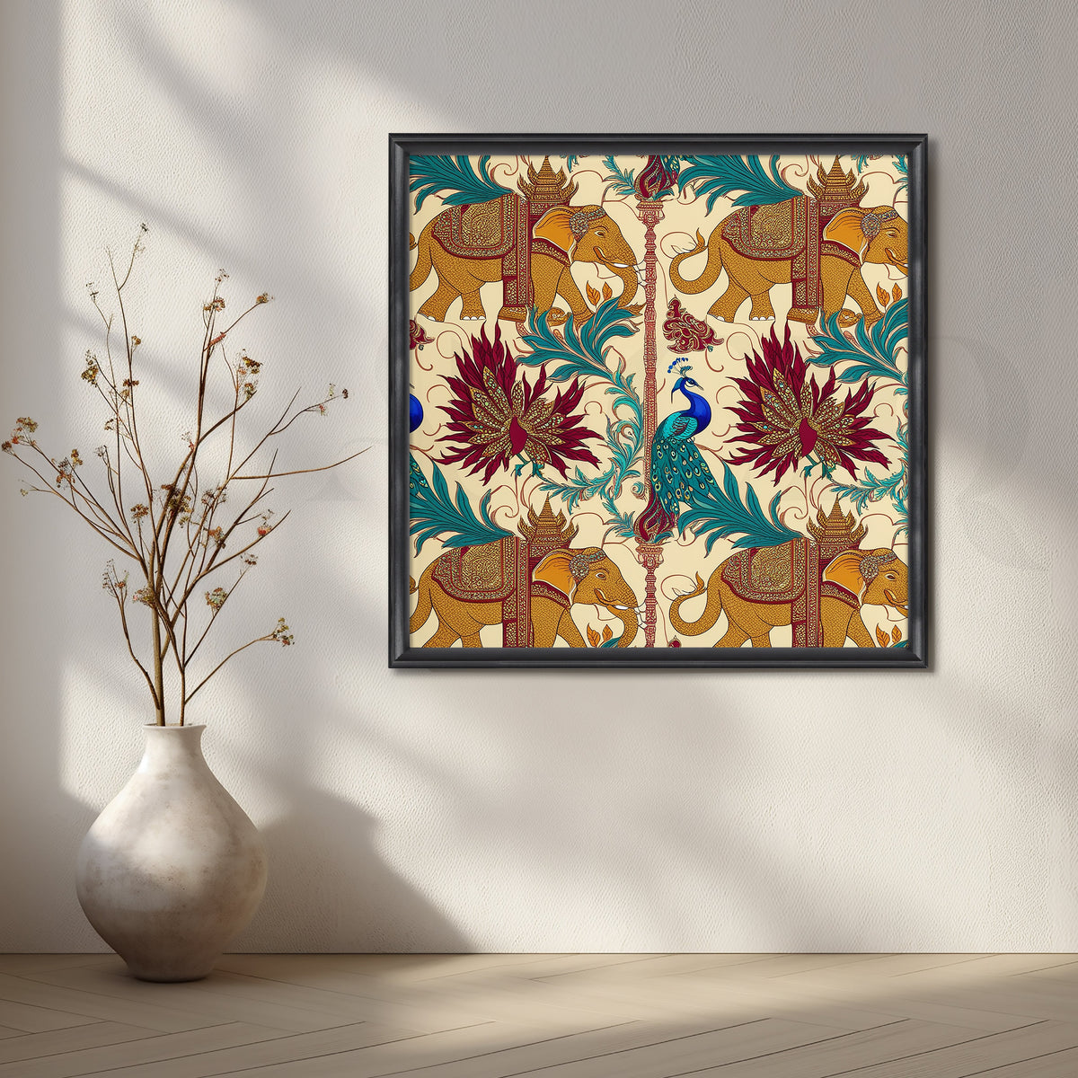 Elephant & Peacock Harmony Canvas Artwork – Asha Art Studio – Image 3