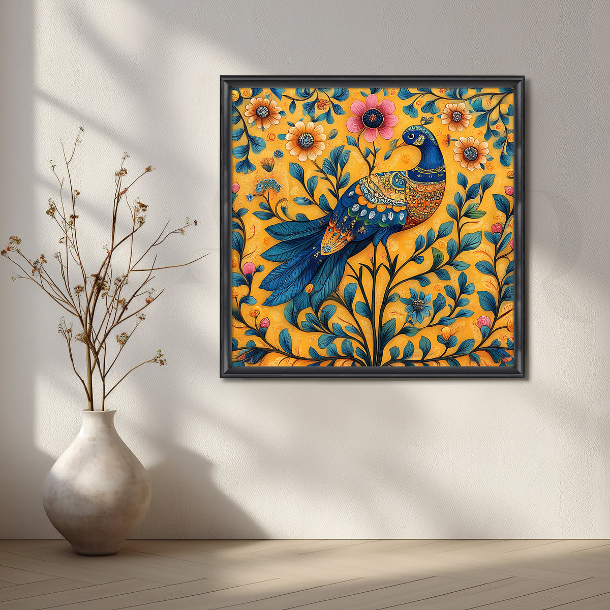 Golden Peacock Garden Folk Canvas Artwork – Asha Art Studio – Image 3