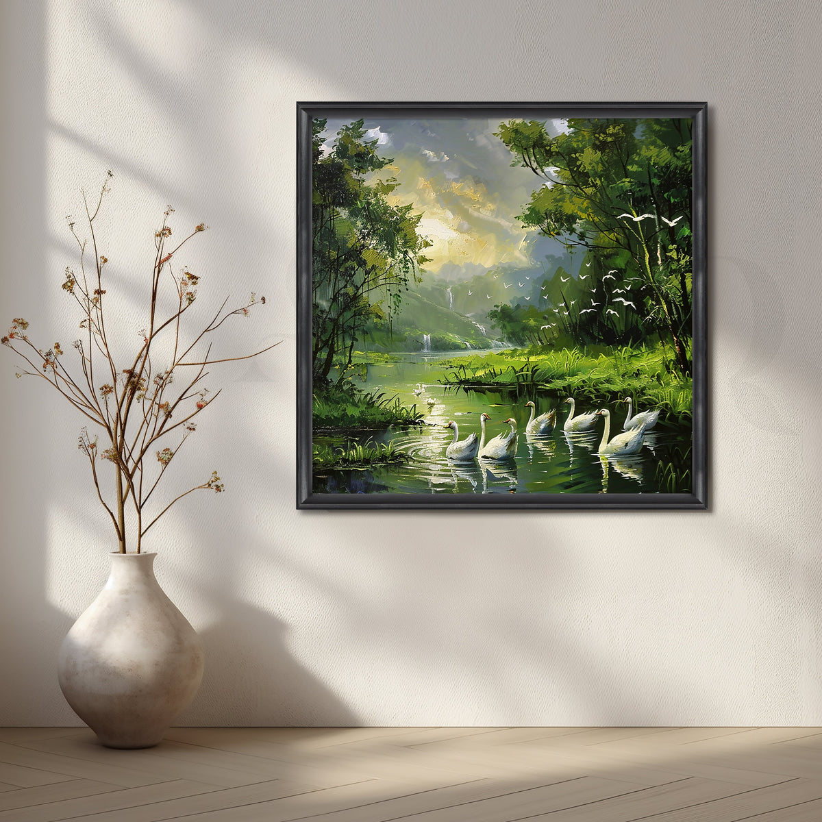 Serene Swan Lake Canvas Artwork – Asha Art Studio – Image 3