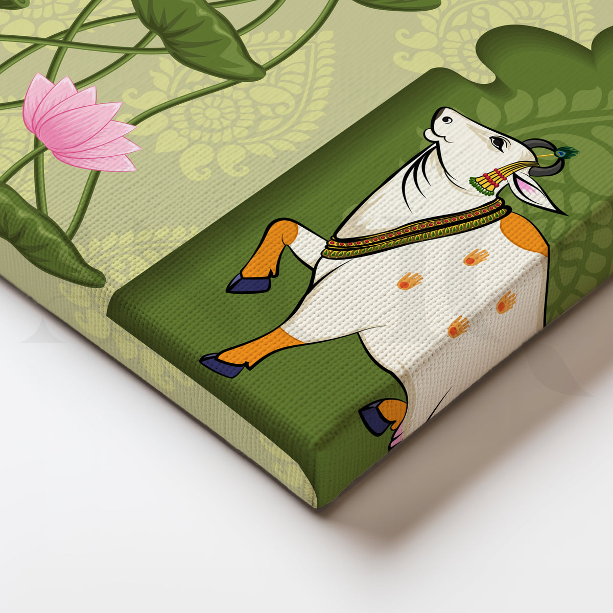 Lotus Blessings Cow Canvas Artwork – Asha Art Studio – Image 2