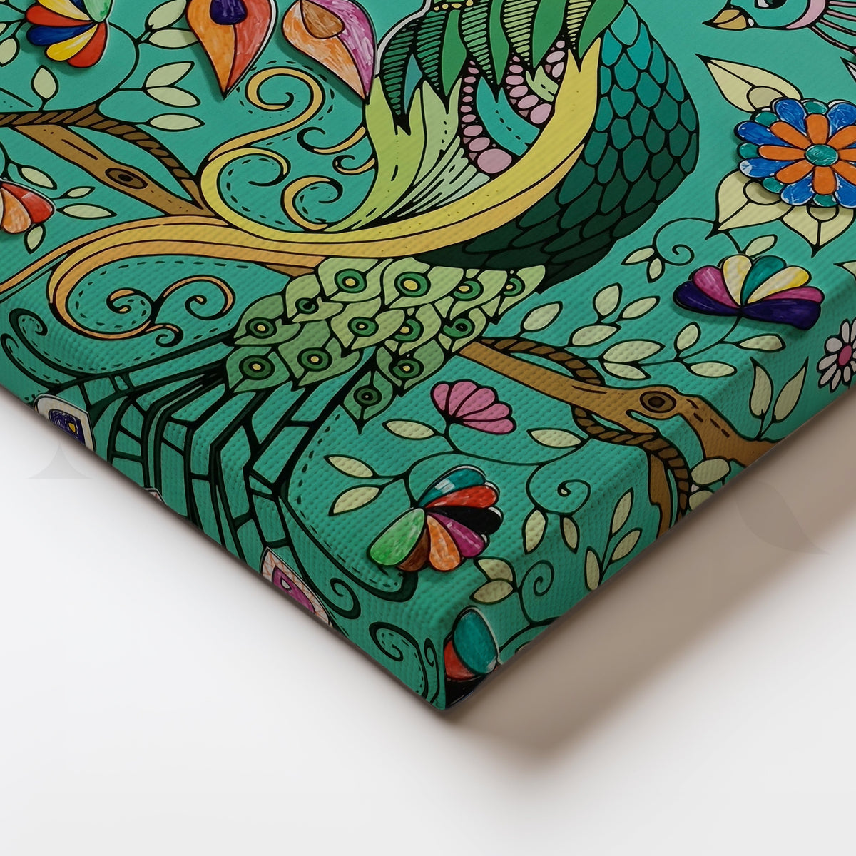 Emerald Peacock Garden Canvas Artwork – Asha Art Studio – Image 2