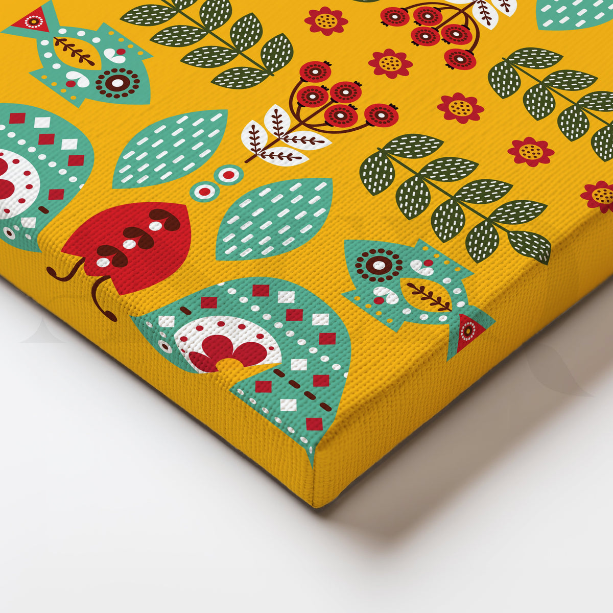 Folk Birds & Fishes Yellow Canvas Artwork – Asha Art Studio – Image 2