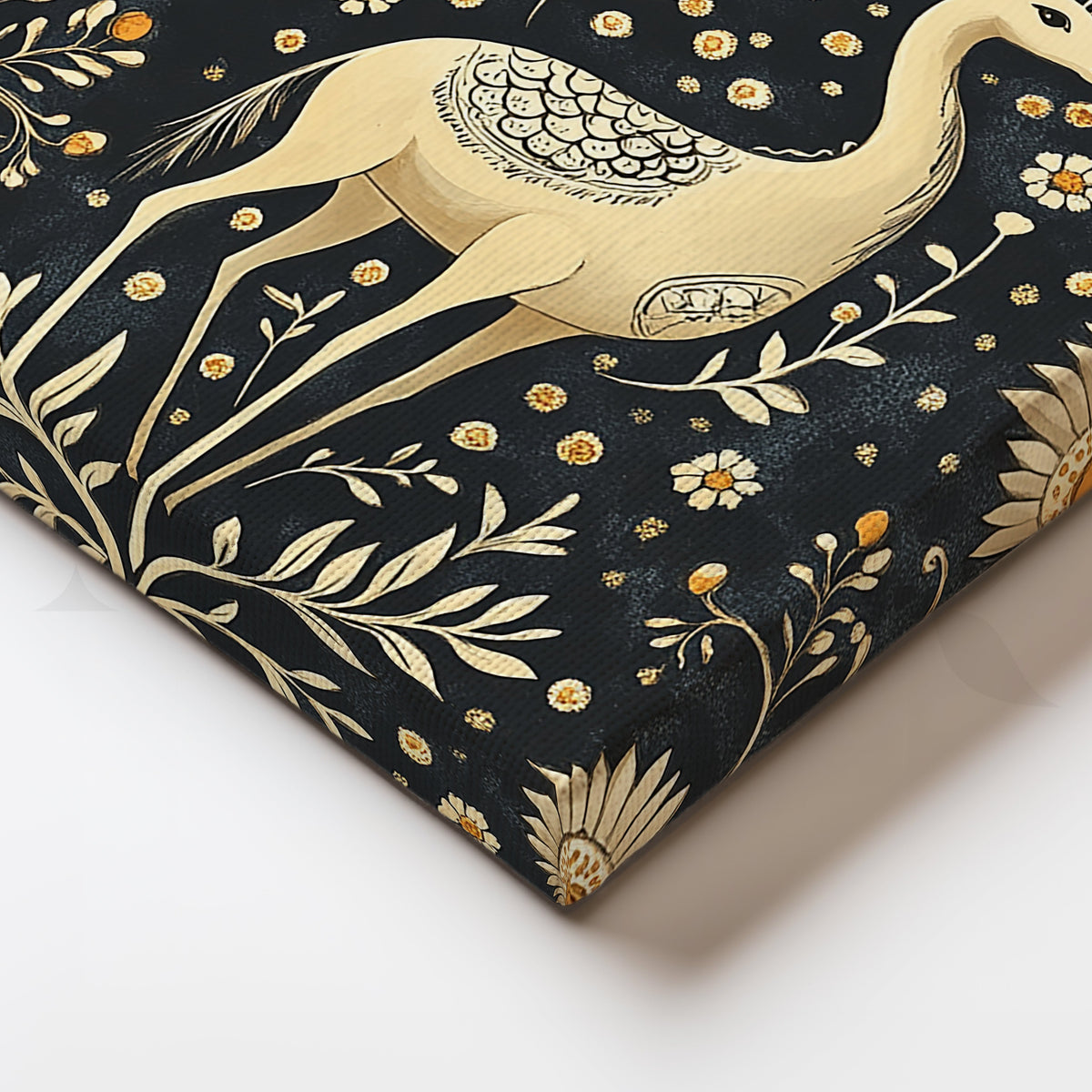 Black Folk Deer with Golden Blossoms Canvas Artwork – Asha Art Studio – Image 2