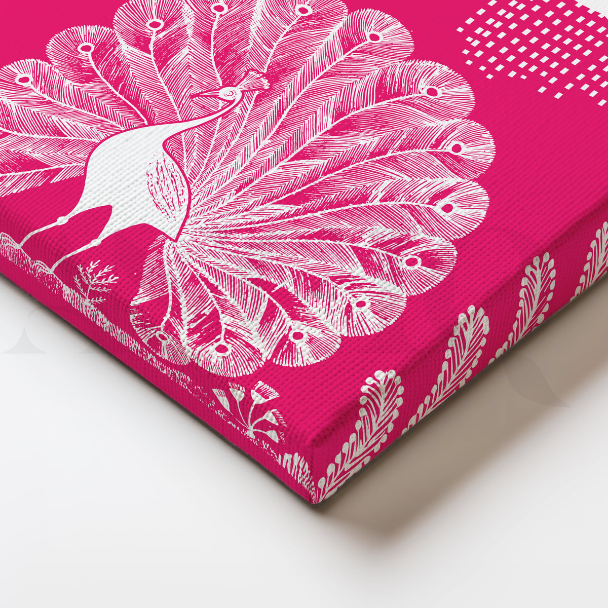 Pink Warli Peacock Rain Dance Canvas Artwork – Asha Art Studio – Image 2