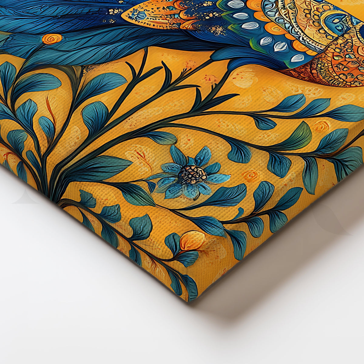 Golden Peacock Garden Folk Canvas Artwork – Asha Art Studio – Image 2