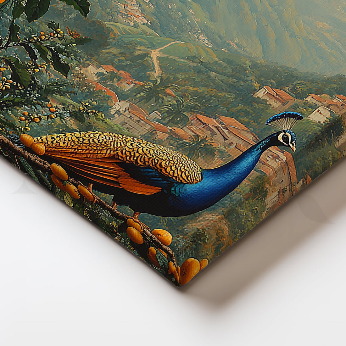 Hillside Orchard Peacock Canvas Artwork – Asha Art Studio