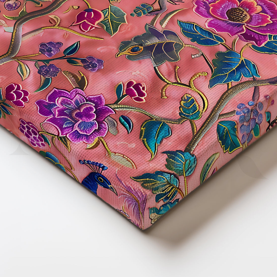 Peacock Paradise on Coral Canvas Artwork – Asha Art Studio