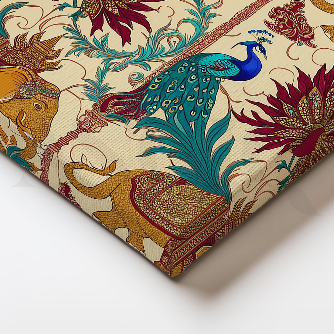 Elephant & Peacock Harmony Canvas Artwork – Asha Art Studio