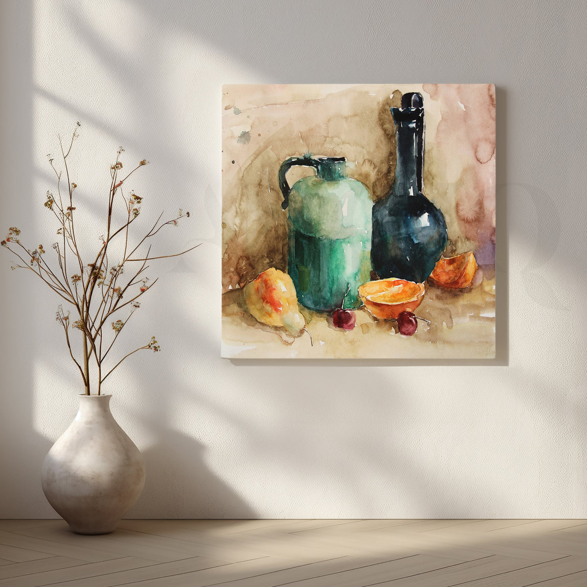 Rustic Still Life with Pear, Cherries Canvas Artwork – Asha Art Studio