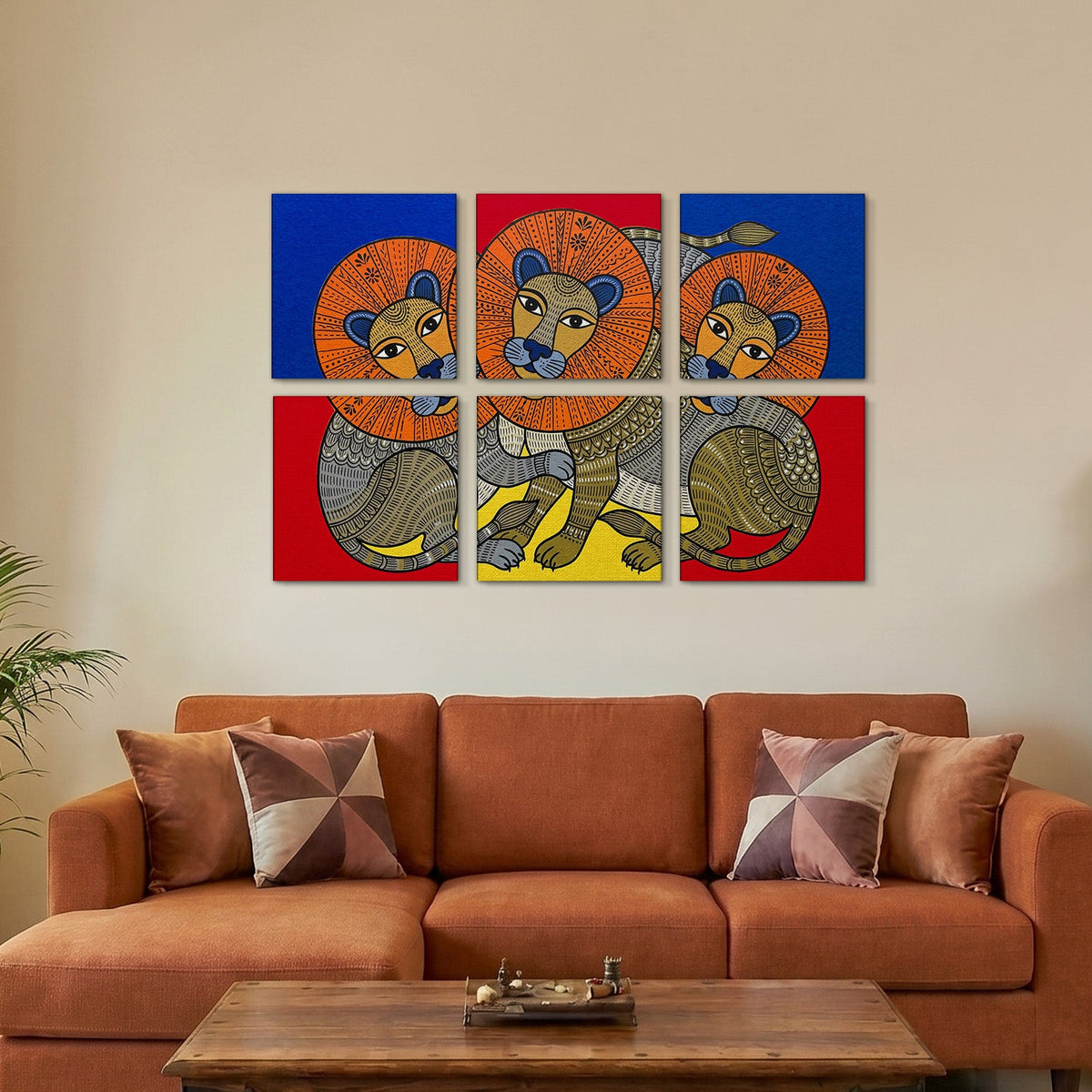 Folk Lion Wildlife Gallery Wall Canvas Artwork Set of 6 – Asha Art Studio