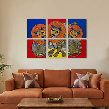 Folk Lion Wildlife Gallery Wall Canvas Artwork Set of 6 – Asha Art Studio