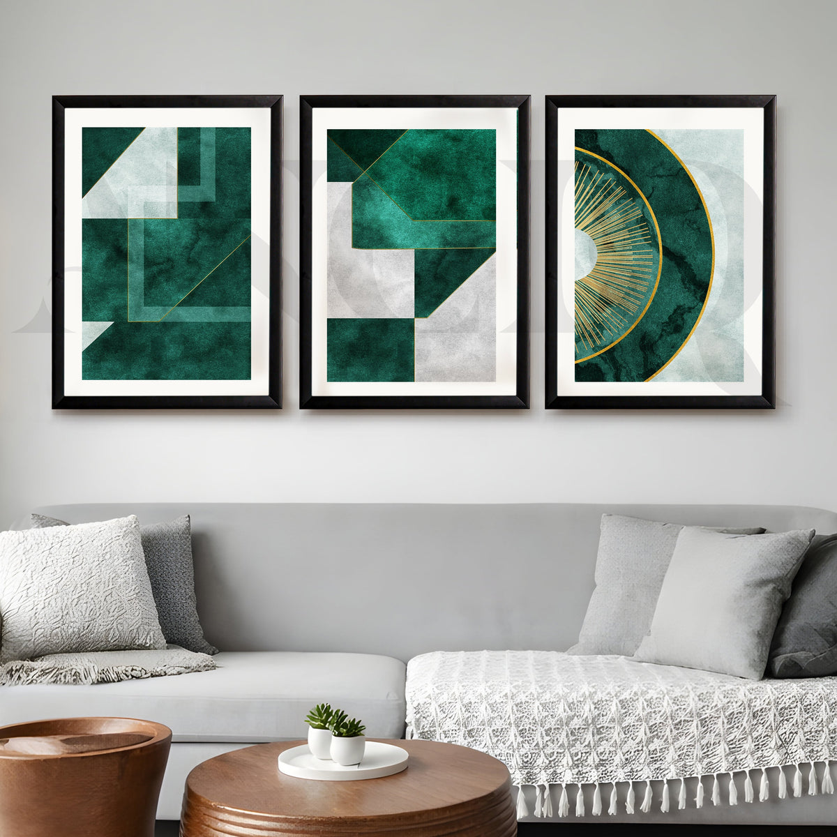Emerald Luxe Geometry Gallery Wall – Set of 3 Modern Abstract Artworks - 18 x 24 Inches – Asha Art Studio – Image 3
