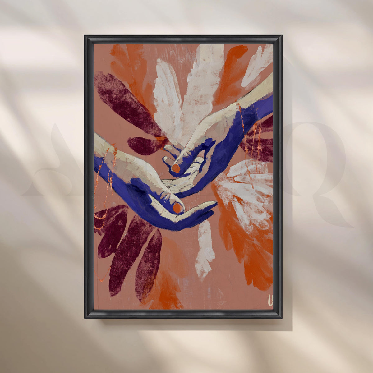 Abstract Hands Canvas Artwork in Terracotta, Blue and Burgundy Tones – Asha Art Studio – Image 3