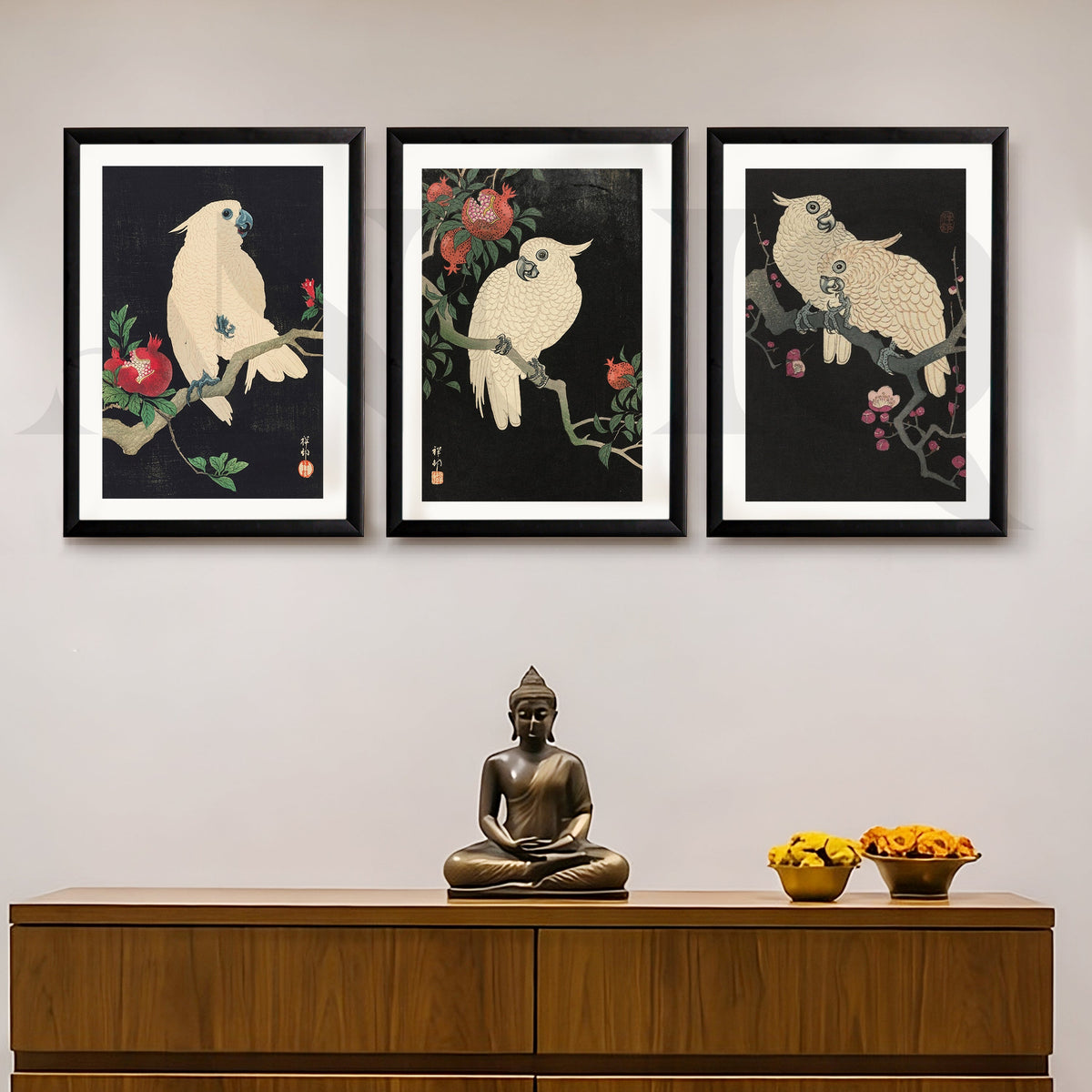 Elegant Cockatoo Botanical Gallery Wall – Set of 3 Oriental Artworks - 18 x 24 Inches – Asha Art Studio – Image 3