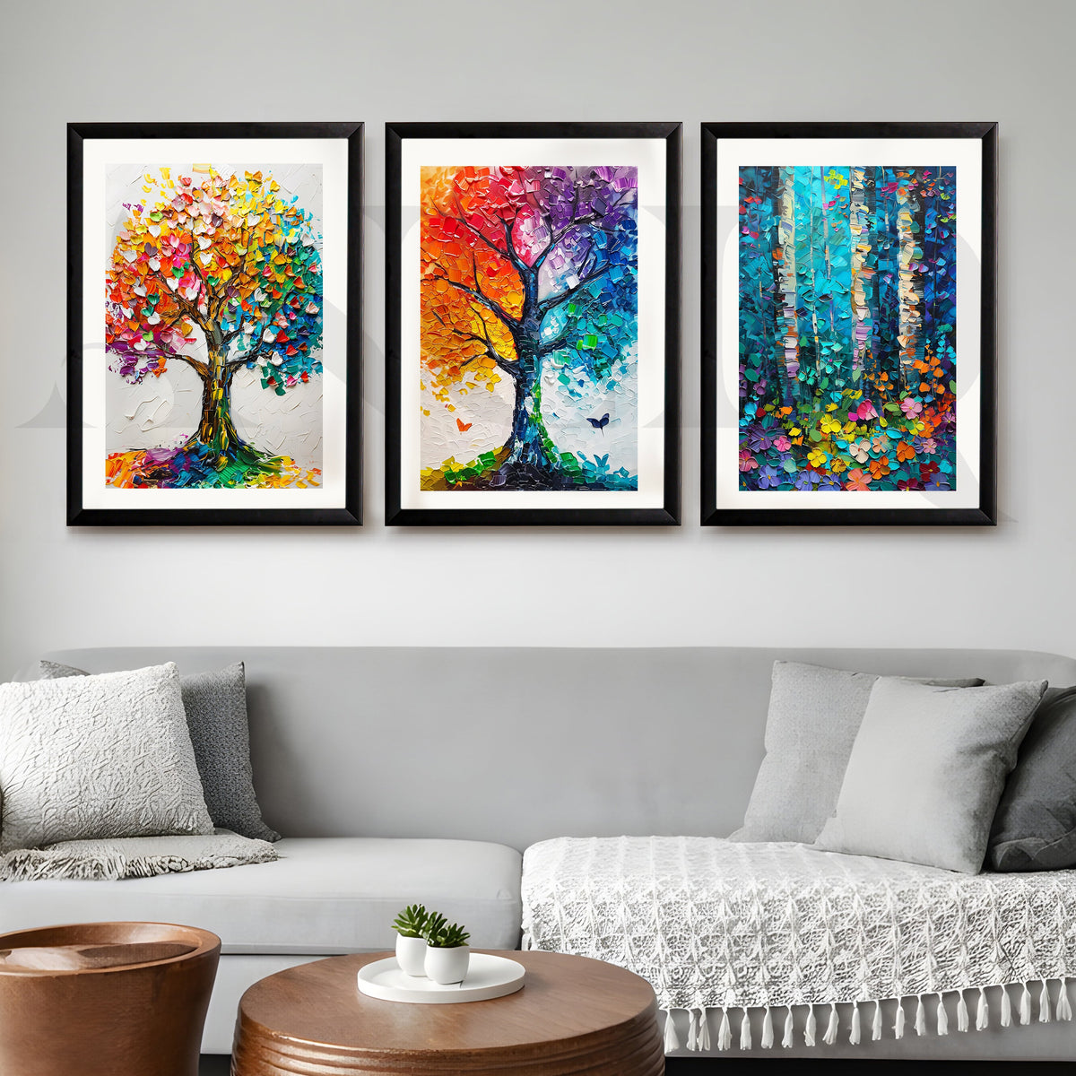 Vibrant Nature Mosaic Gallery Wall – Set of 3 Colorful Tree Artworks - 18 x 24 Inches – Asha Art Studio – Image 3