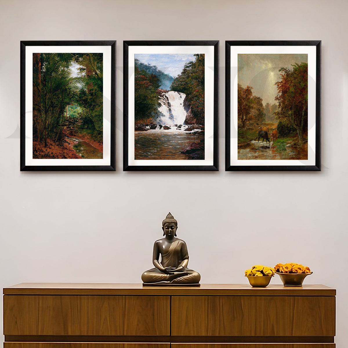 Serene Forest Waterfall Gallery Wall – Set of 3 Nature Landscape Artworks - 18 x 24 Inches – Asha Art Studio – Image 3