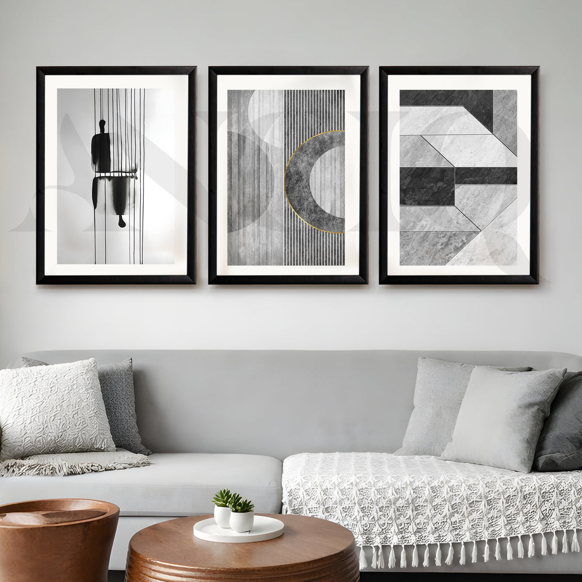 Monochrome Modern Geometry Gallery Wall – Set of 3 Minimal Abstract Artworks - 18 x 24 Inches – Asha Art Studio – Image 3