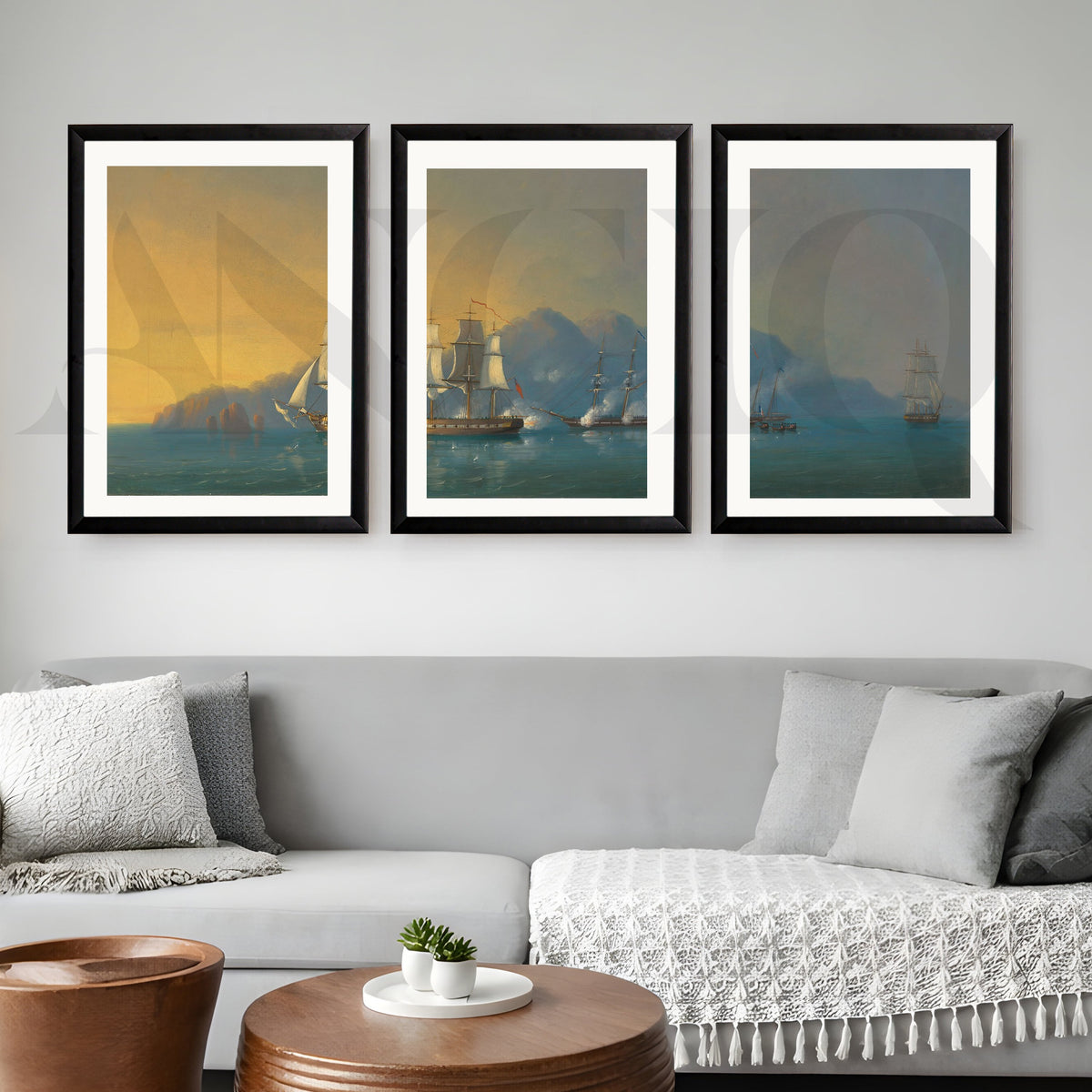 Golden Horizon Sailing Ships Gallery Wall – Set of 3 Classic Seascape Artworks - 18 x 24 Inches – Asha Art Studio – Image 3