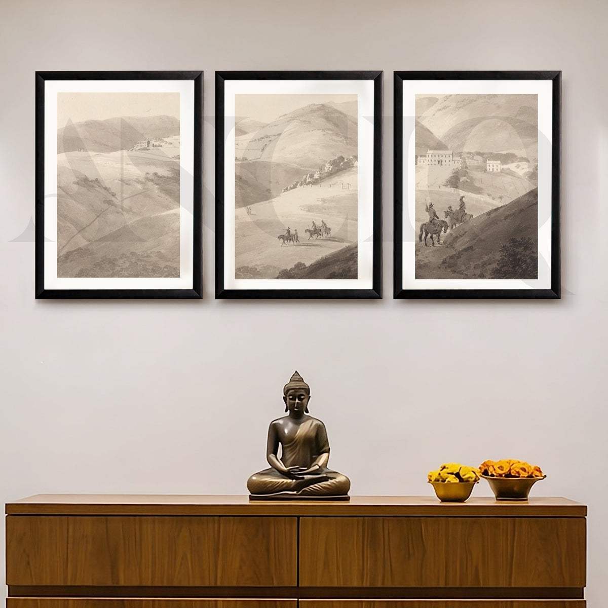 Timeless Countryside Sketch Gallery Wall – Set of 3 Monochrome Landscape Artworks - 18 x 24 Inches – Asha Art Studio – Image…