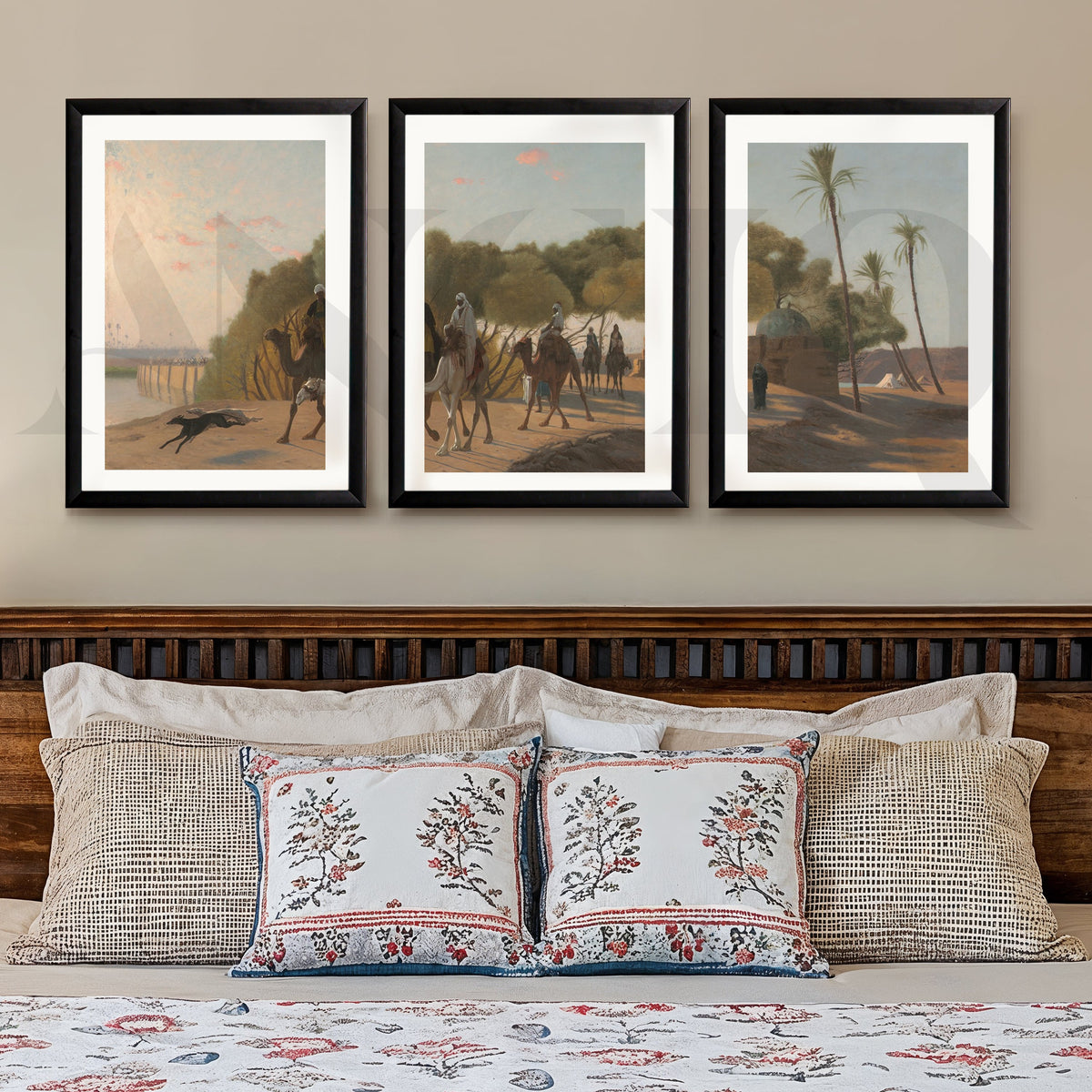 Desert Caravan Landscape Gallery Wall – Set of 3 Vintage Oriental Artworks - 18 x 24 Inches – Asha Art Studio – Image 3