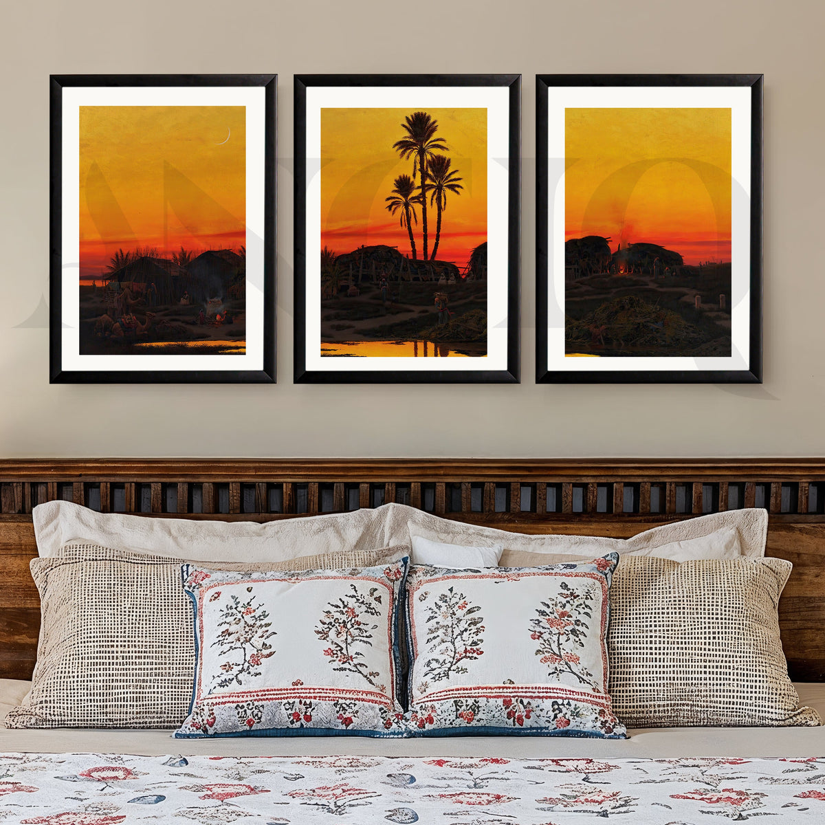 Desert Oasis Sunset Gallery Wall – Set of 3 Golden Landscape Artworks - 18 x 24 Inches – Asha Art Studio – Image 3