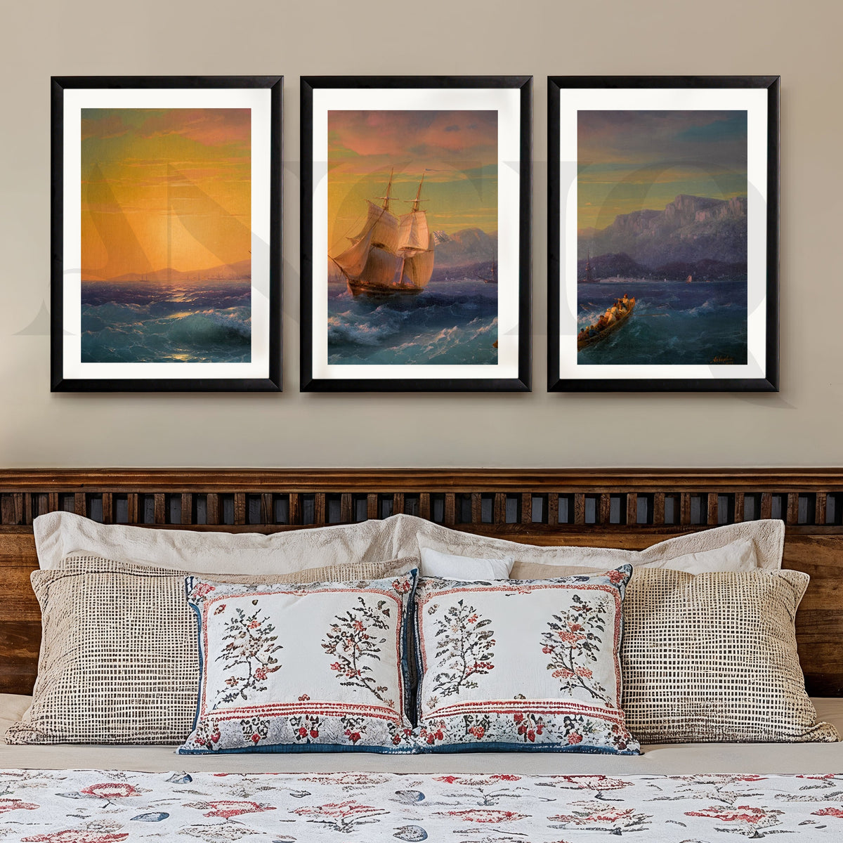 Golden Horizon Sailing Gallery Wall – Set of 3 Vintage Seascape Artworks - 18 x 24 Inches – Asha Art Studio – Image 3