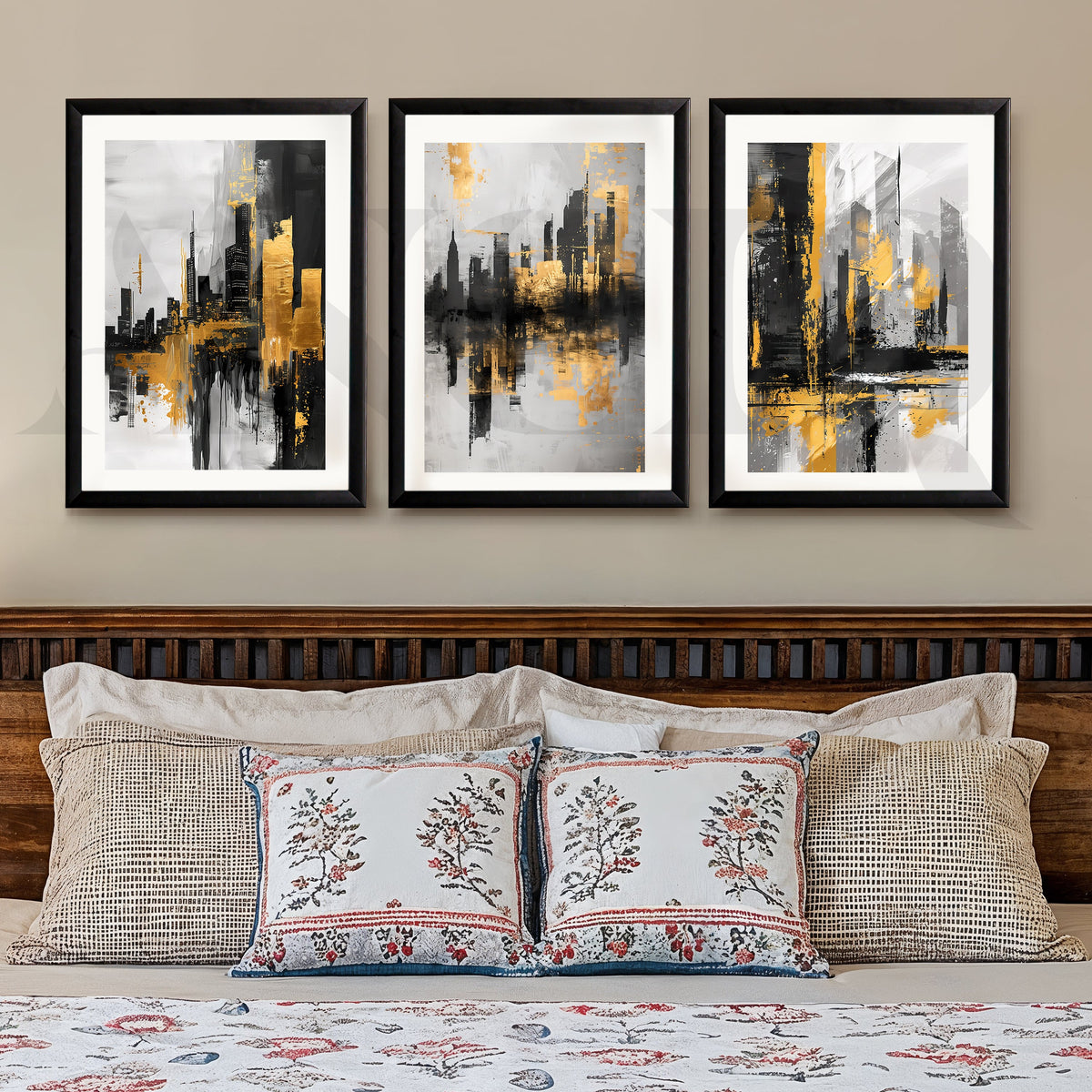 Golden Urban Skyline Gallery Wall – Set of 3 Modern Cityscape Artworks - 18 x 24 Inches – Asha Art Studio – Image 3