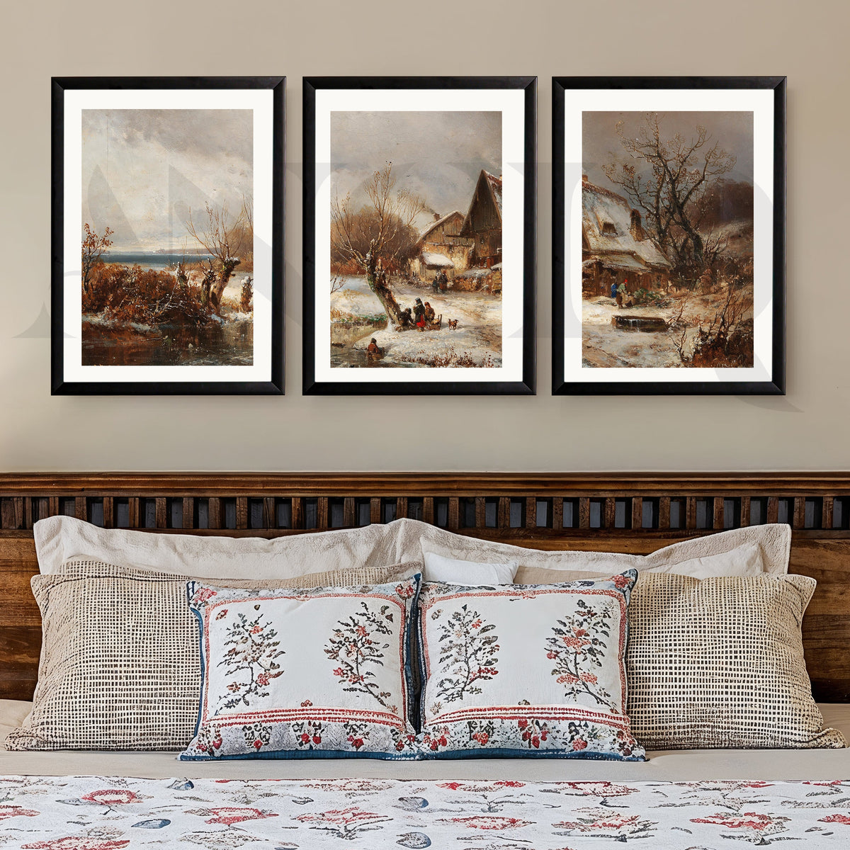 Winter Village Countryside Gallery Wall – Set of 3 Vintage Landscape Artworks - 18 x 24 Inches – Asha Art Studio – Image 3