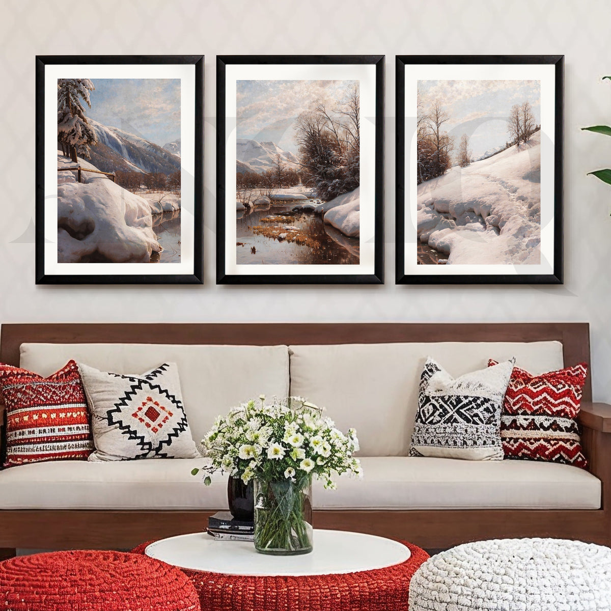 Snowy Alpine River Landscape Gallery Wall – Set of 3 Winter Nature Artworks - 18 x 24 Inches – Asha Art Studio – Image 3