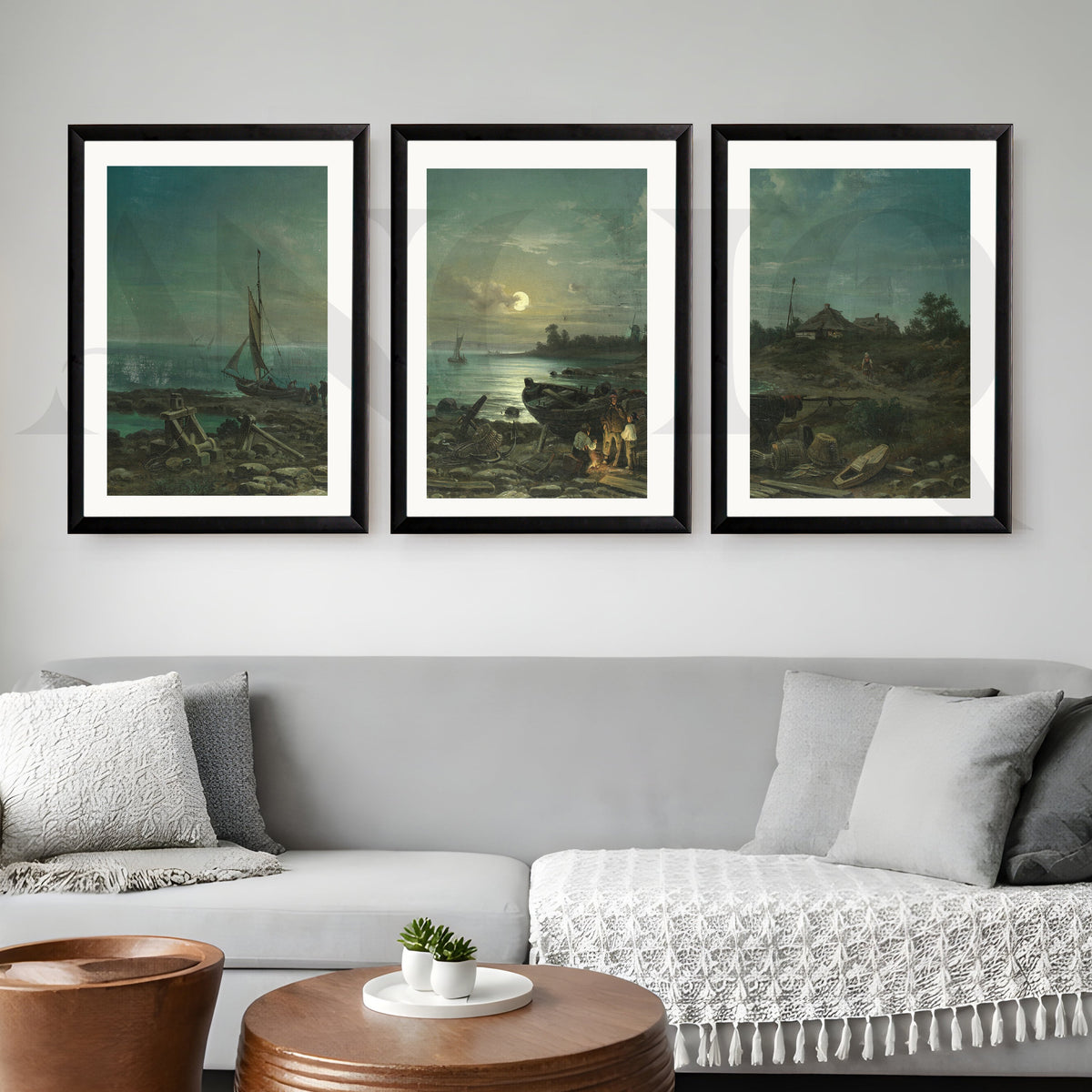 Moonlit Coastal Harbor Gallery Wall – Set of 3 Vintage Maritime Artworks - 18 x 24 Inches – Asha Art Studio – Image 3