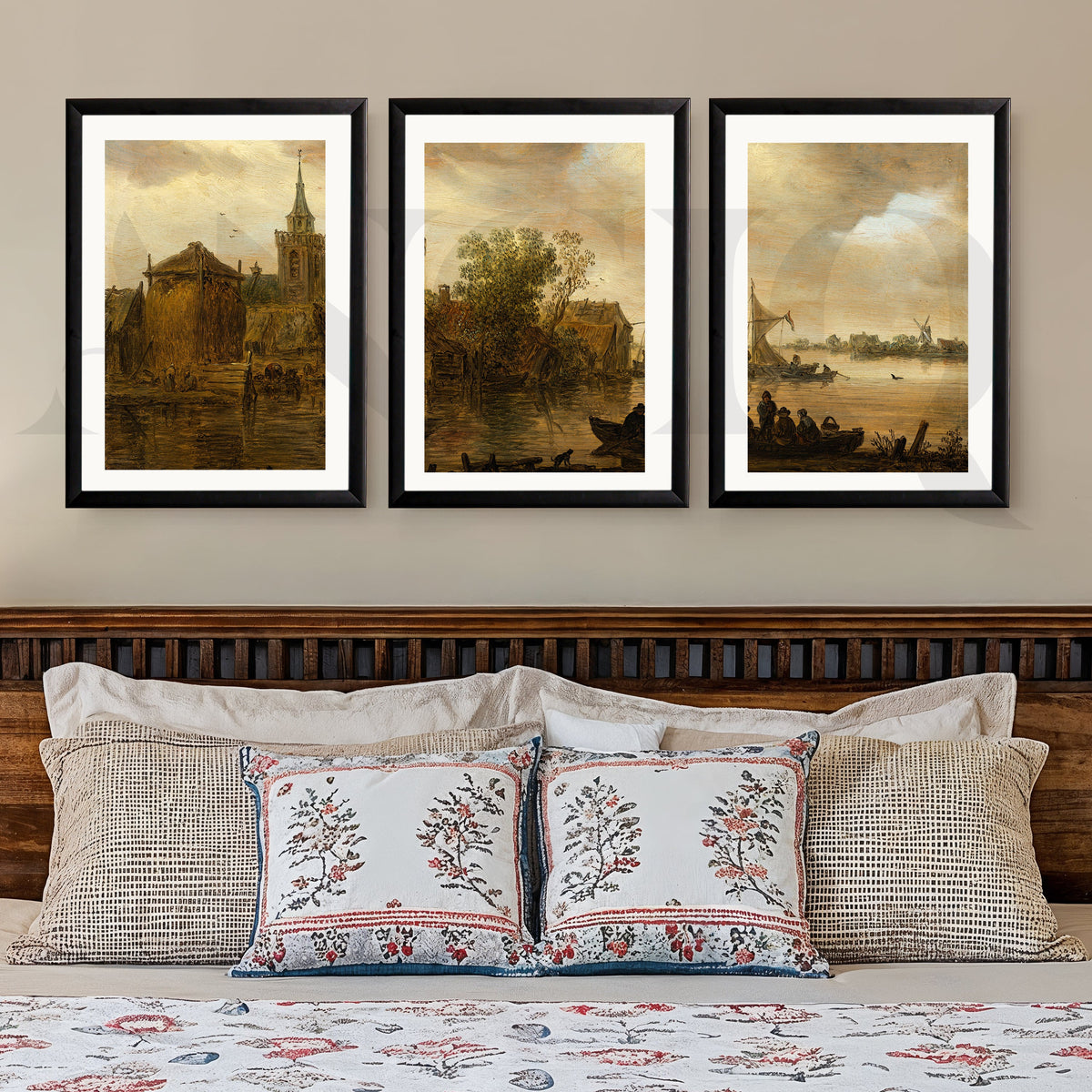 Vintage Riverside Village Gallery Wall – Set of 3 Classic Landscape Artworks - 18 x 24 Inches – Asha Art Studio – Image 3