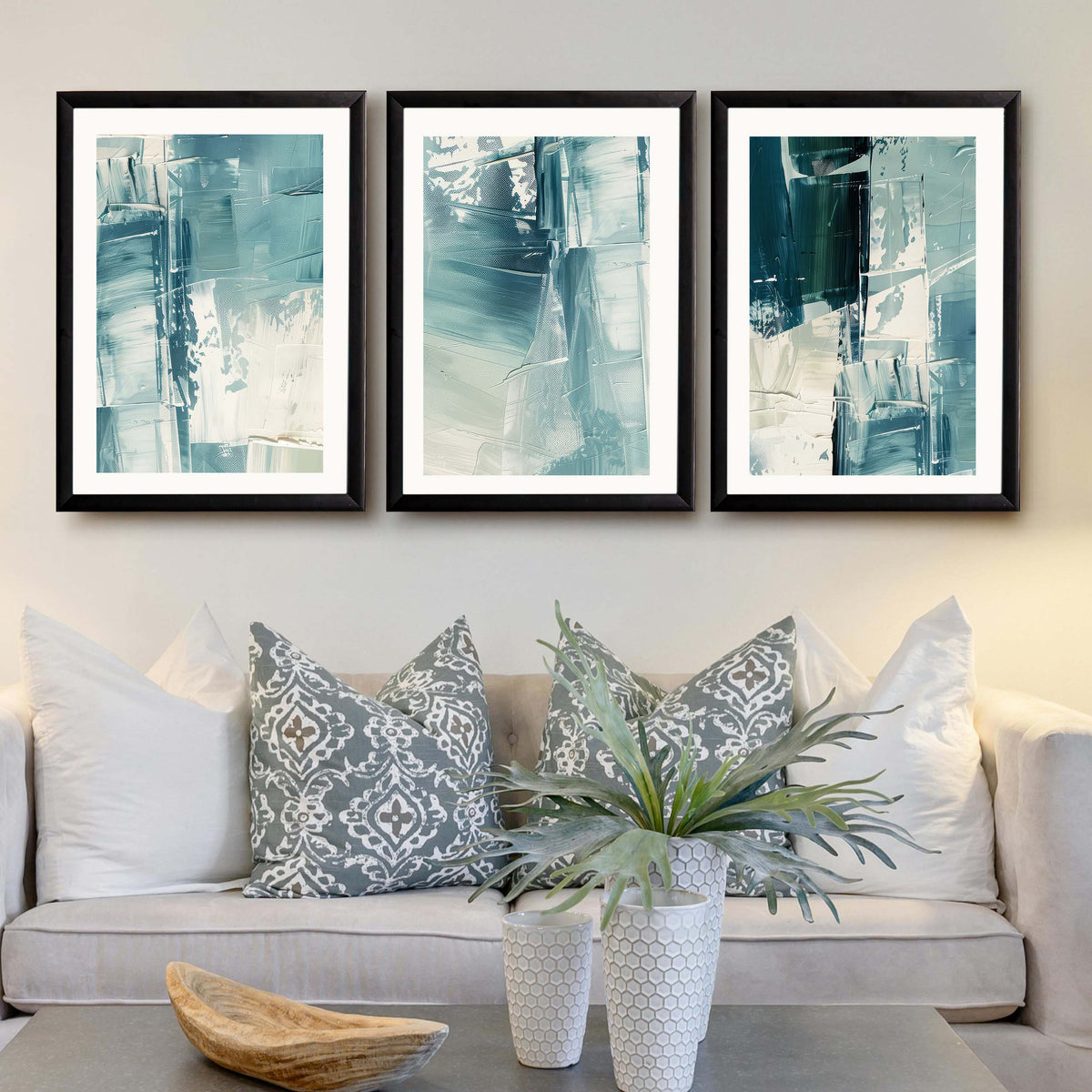 Teal Brush Abstract Gallery Wall Canvas Artwork Set of 3 - 18 x 24 Inches – Asha Art Studio – Image 7