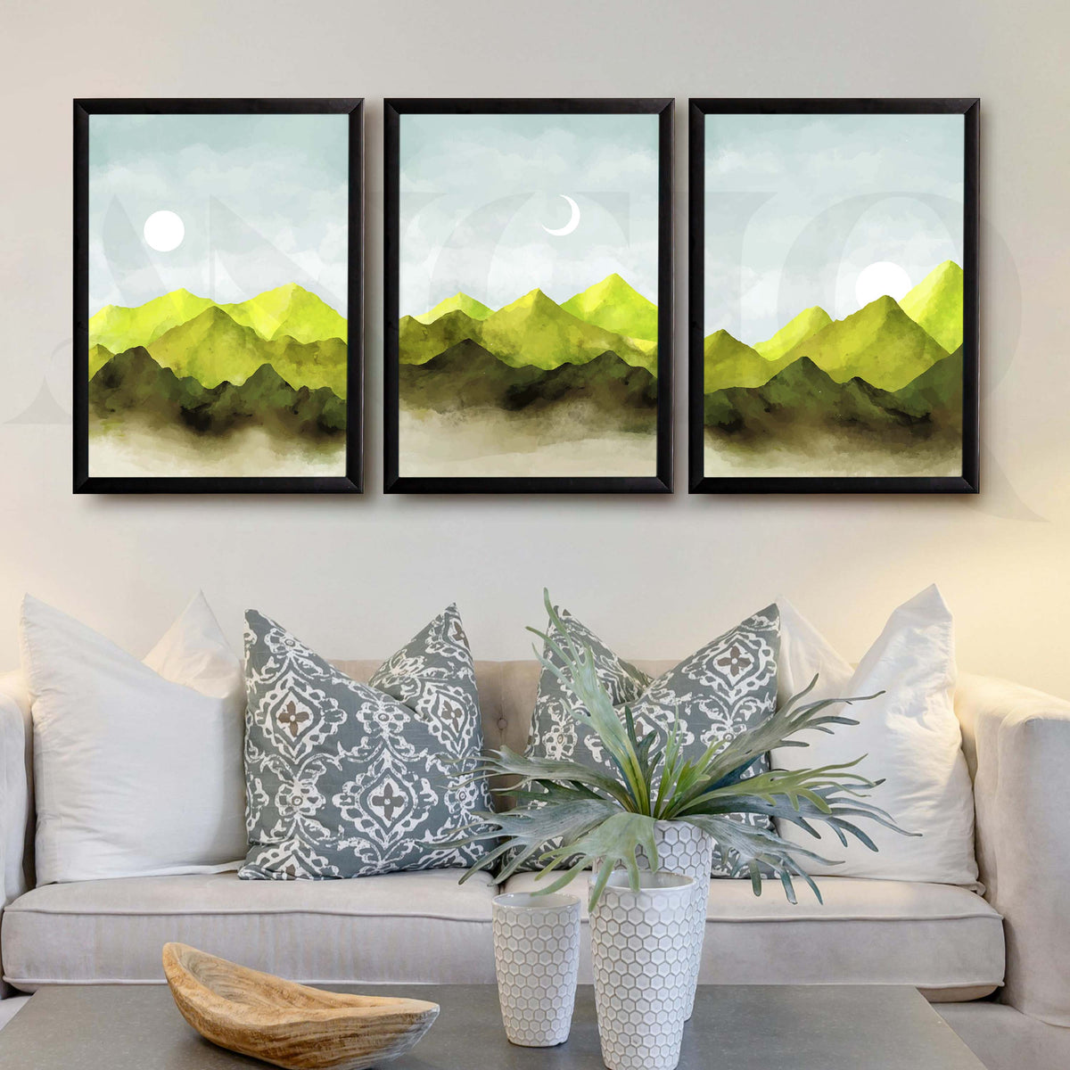 Misty Green Mountain Gallery Wall Artwork Set of 3 – Asha Art Studio – Image 3