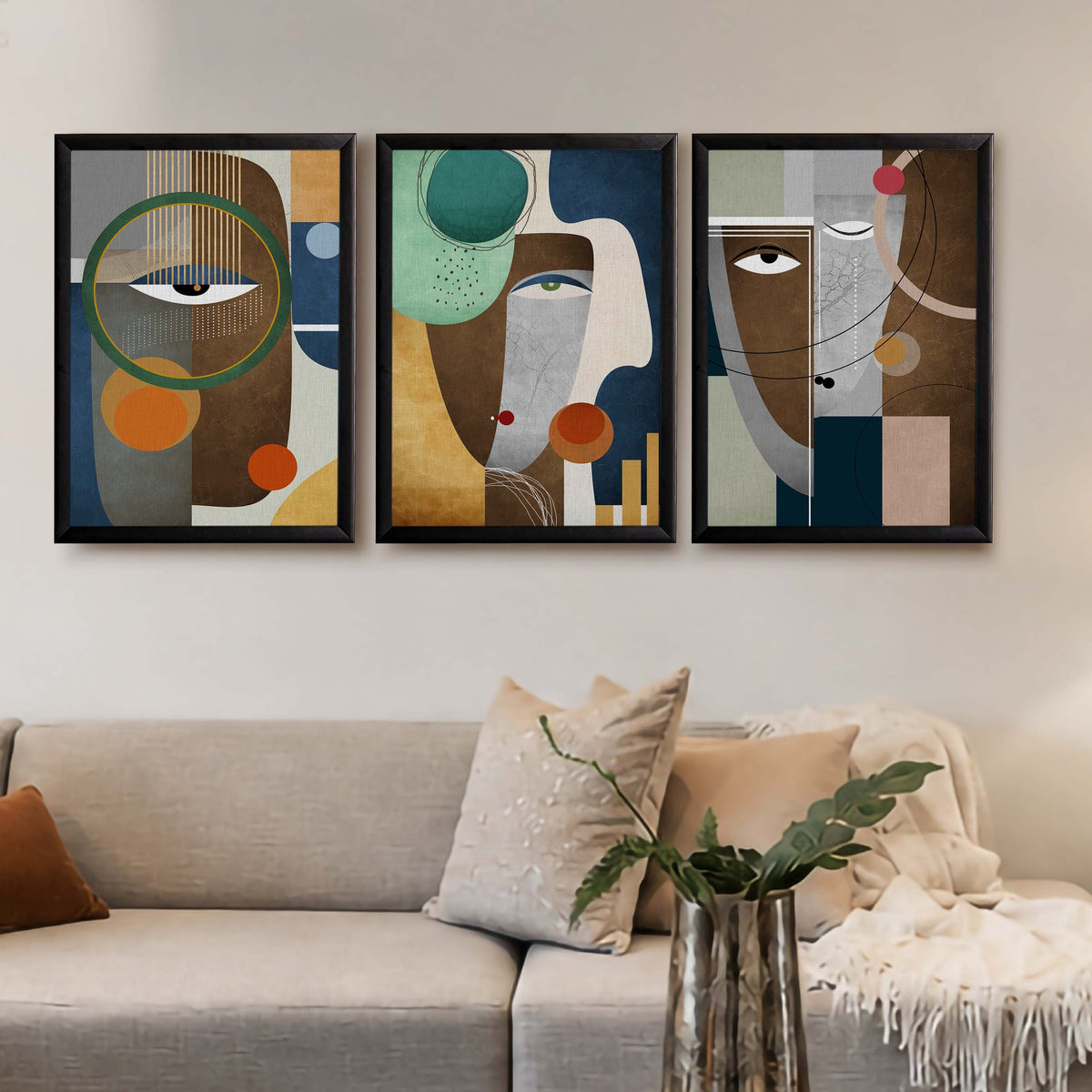 Modern Abstract Face Gallery Wall Canvas Artwork Set of 3 - 18 x 24 Inches – Asha Art Studio – Image 3