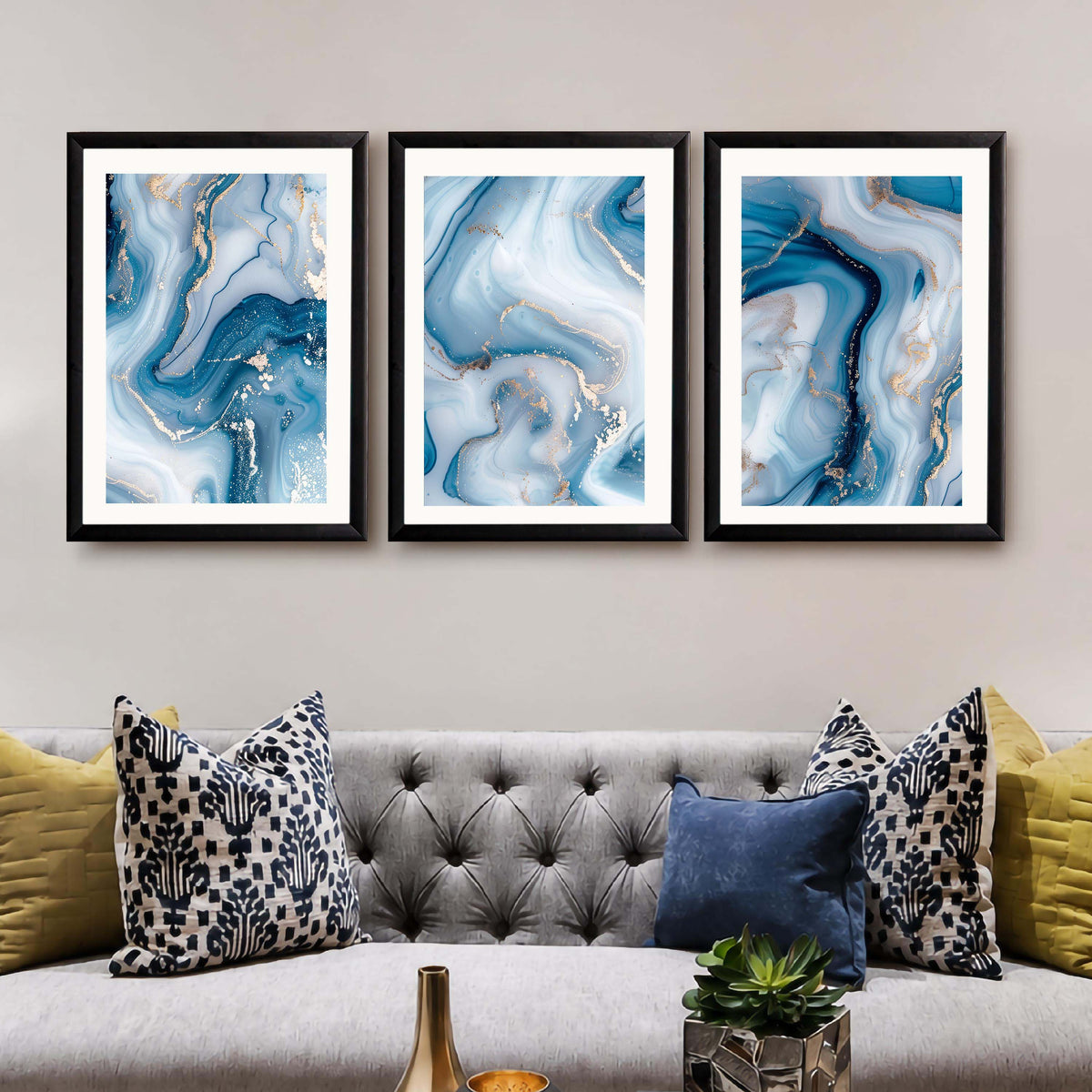 Blue Marble Abstract Gallery Wall Canvas Artwork Set of 3 - 18 x 24 Inches – Asha Art Studio – Image 7