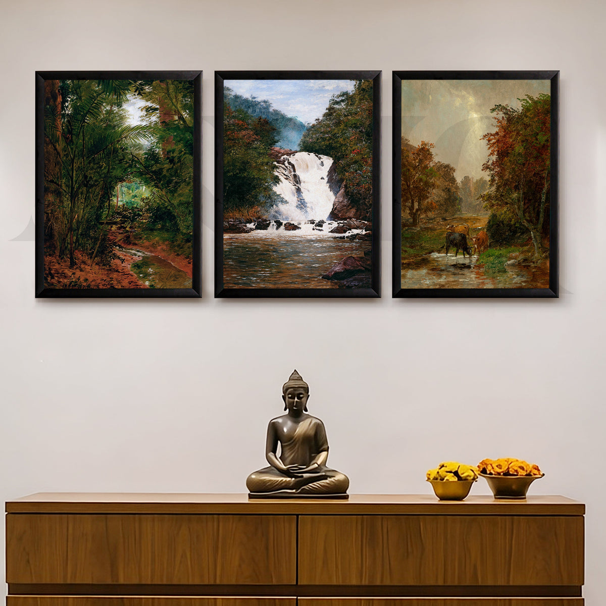 Serene Forest Waterfall Gallery Wall – Set of 3 Nature Landscape Artworks - 18 x 24 Inches – Asha Art Studio – Image 7