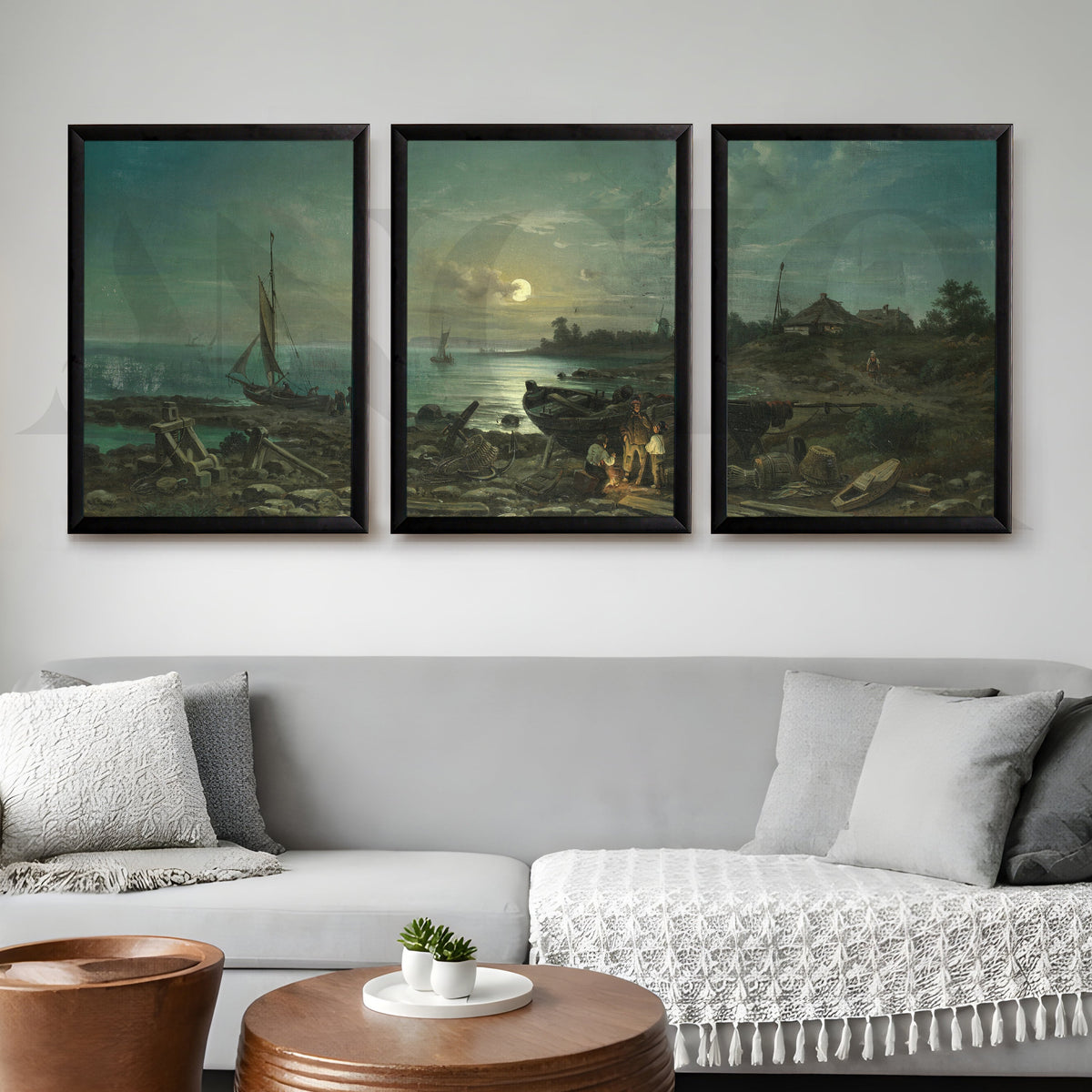 Moonlit Coastal Harbor Gallery Wall – Set of 3 Vintage Maritime Artworks - 18 x 24 Inches – Asha Art Studio – Image 7