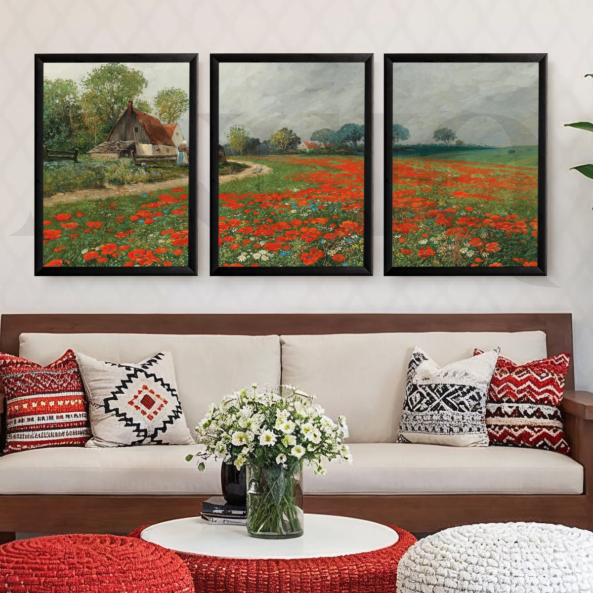 Rustic Poppy Field Landscape Gallery Wall – Set of 3 Impressionist Artworks - 18 x 24 Inches – Asha Art Studio – Image 7