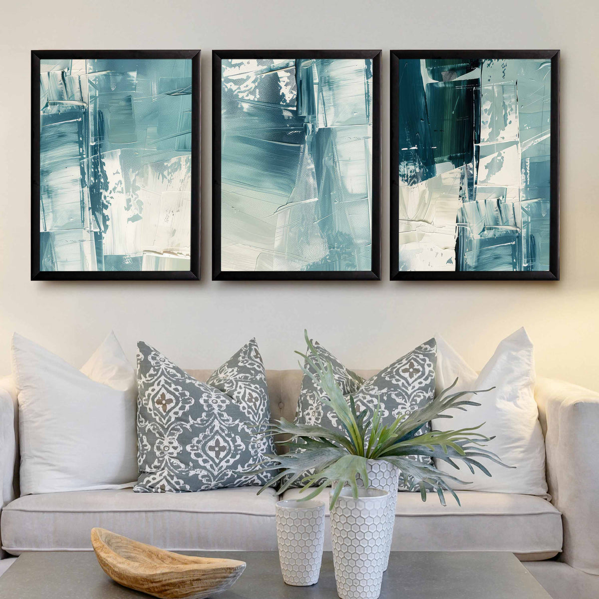 Teal Brush Abstract Gallery Wall Canvas Artwork Set of 3 - 18 x 24 Inches – Asha Art Studio – Image 3