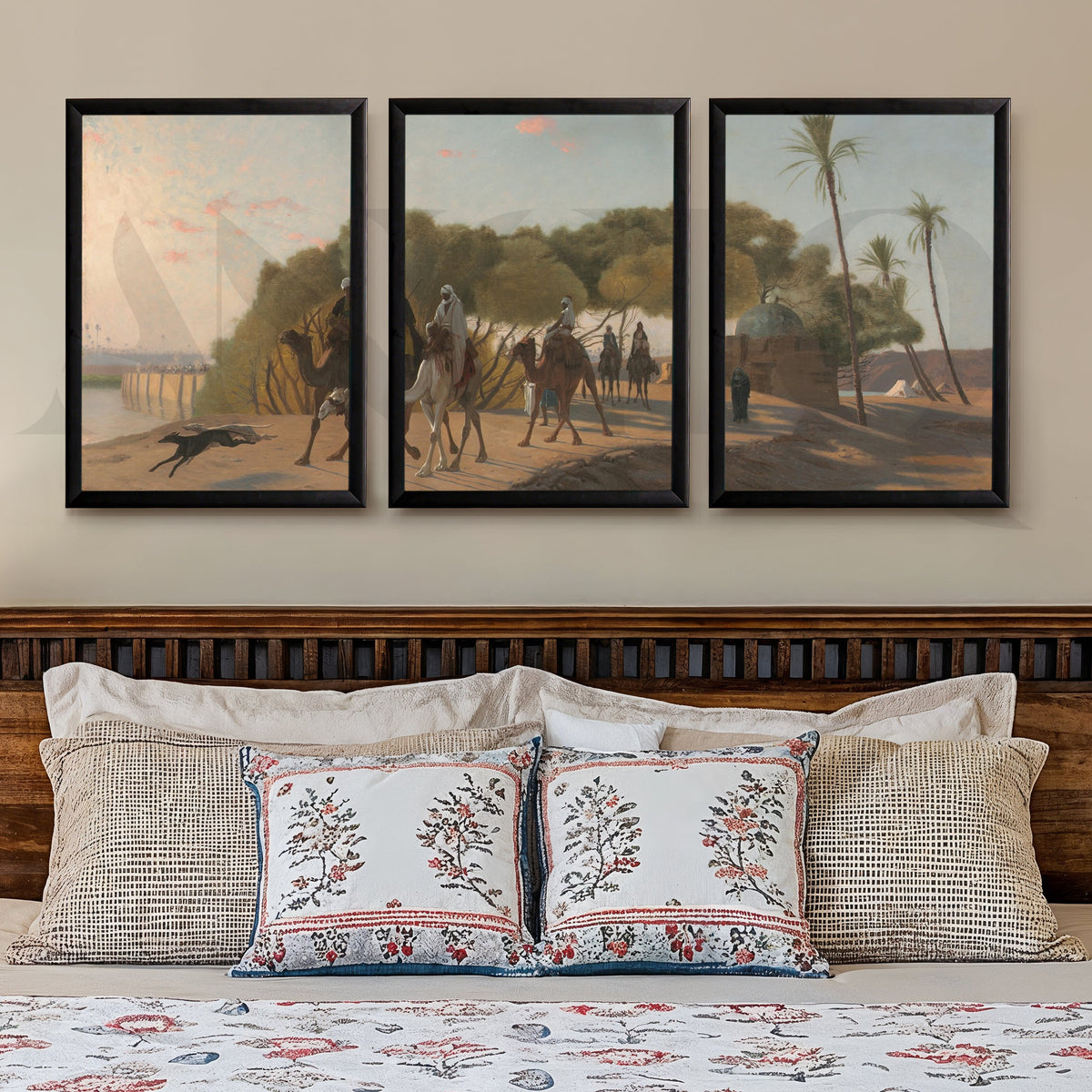 Desert Caravan Landscape Gallery Wall – Set of 3 Vintage Oriental Artworks - 18 x 24 Inches – Asha Art Studio – Image 7