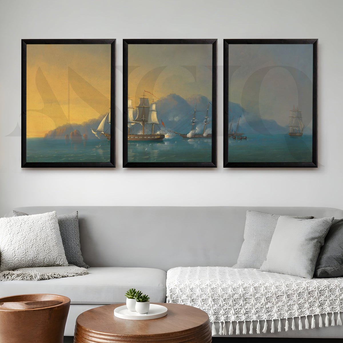 Golden Horizon Sailing Ships Gallery Wall – Set of 3 Classic Seascape Artworks - 18 x 24 Inches – Asha Art Studio – Image 7