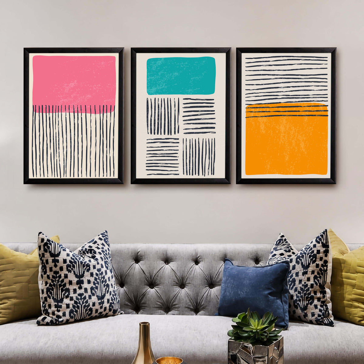 Colour Block Line Abstract Gallery Wall Set of 3 - 18 x 24 Inches – Asha Art Studio – Image 3
