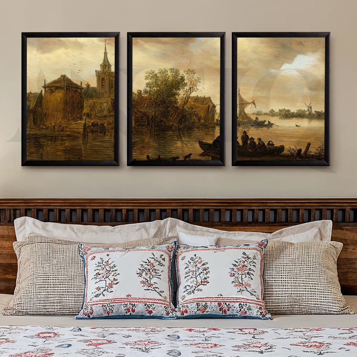 Vintage Riverside Village Gallery Wall – Set of 3 Classic Landscape Artworks - 18 x 24 Inches – Asha Art Studio – Image 7