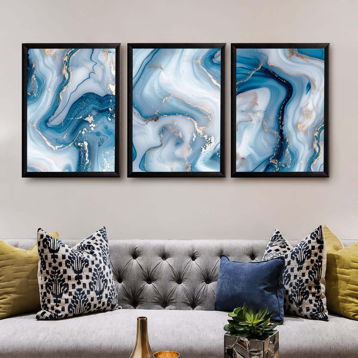 Blue Marble Abstract Gallery Wall Canvas Artwork Set of 3 - 18 x 24 Inches – Asha Art Studio – Image 3