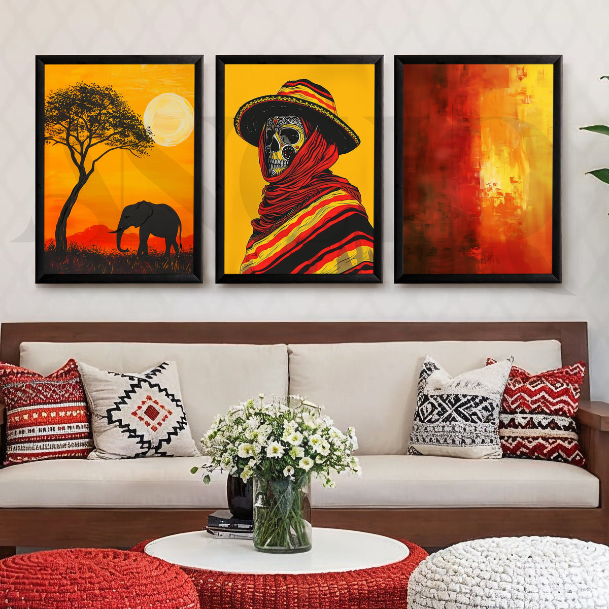 Golden Horizon Tribal Fusion Gallery Wall – Set of 3 Contemporary Artworks - 18 x 24 Inches – Asha Art Studio – Image 7