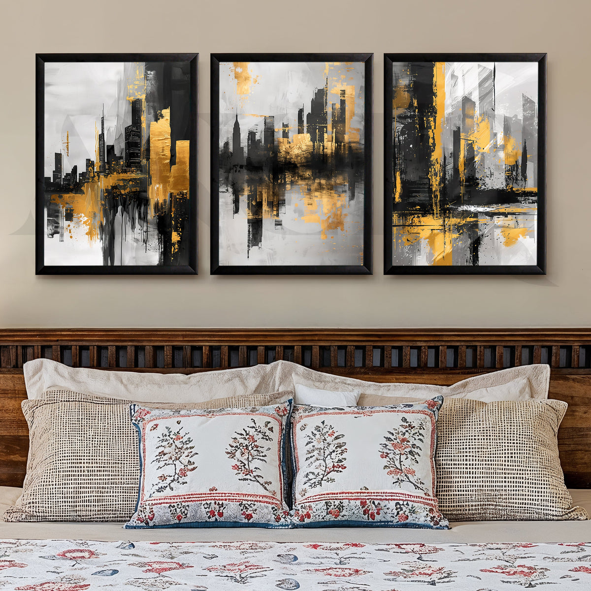 Golden Urban Skyline Gallery Wall – Set of 3 Modern Cityscape Artworks - 18 x 24 Inches – Asha Art Studio – Image 7