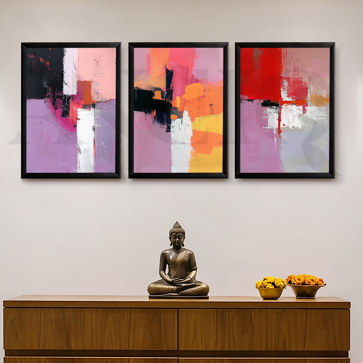 Blush & Crimson Abstract Gallery Wall – Set of 3 Contemporary Artworks - 18 x 24 Inches – Asha Art Studio – Image 7