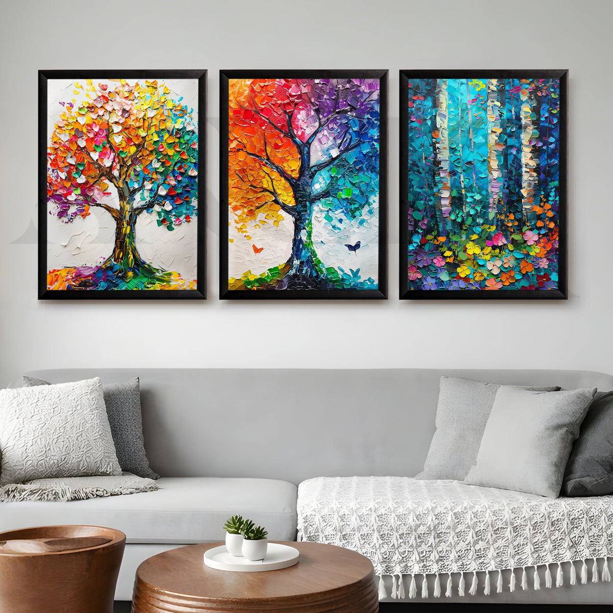 Vibrant Nature Mosaic Gallery Wall – Set of 3 Colorful Tree Artworks - 18 x 24 Inches – Asha Art Studio – Image 7